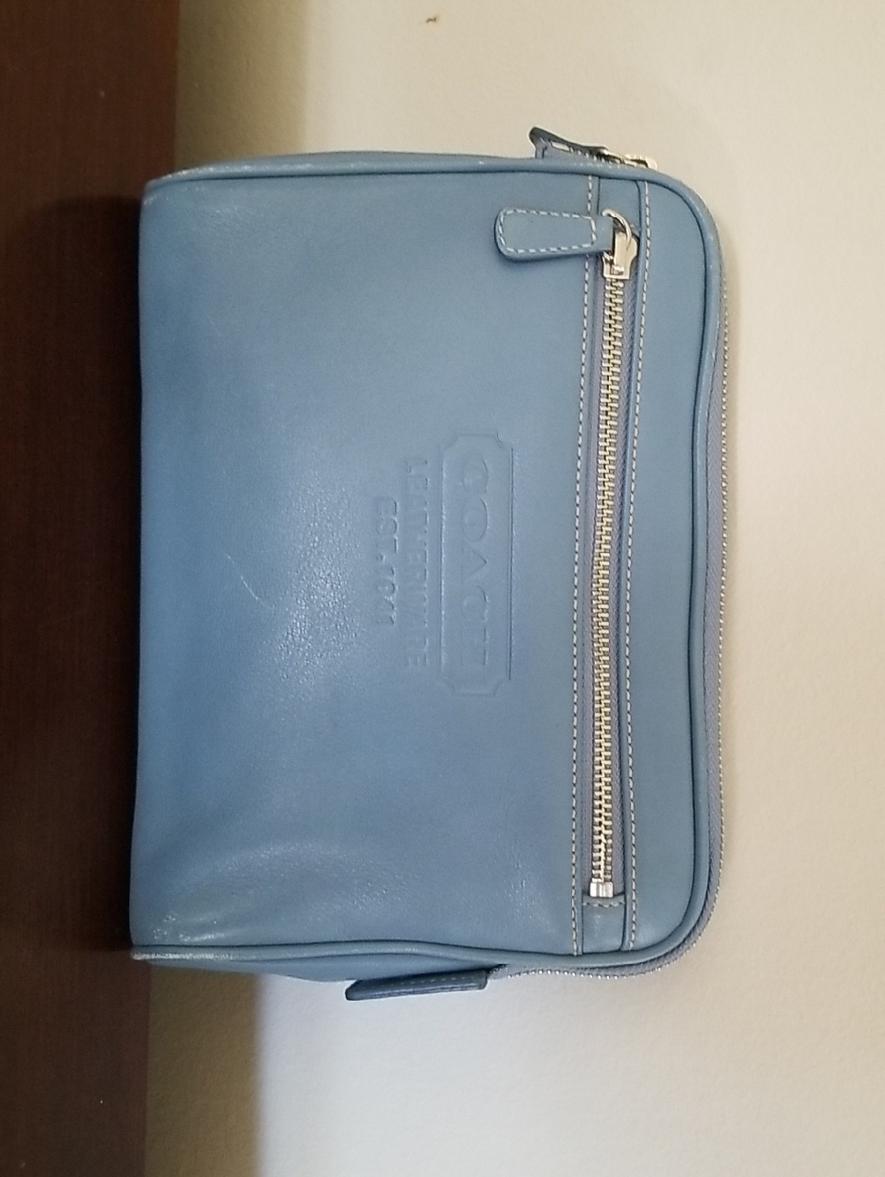 Coach Light Blue Leather Travel Zip Toiletry Pouch